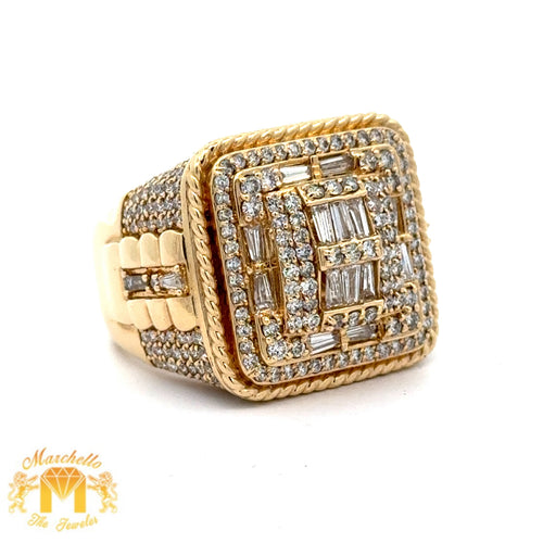 14k Yellow Gold and Diamond Men`s Ring with Baguette and Round Diamonds