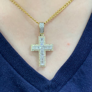 14k Yellow Gold and Diamond Cross Pendant and 14k Yellow Gold Cuban Link Chain Set