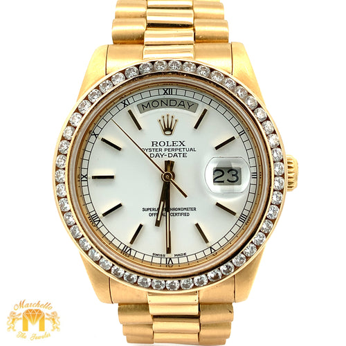 36mm 18k Yellow Gold Rolex Day-Date Watch (diamond bezel, quick set)