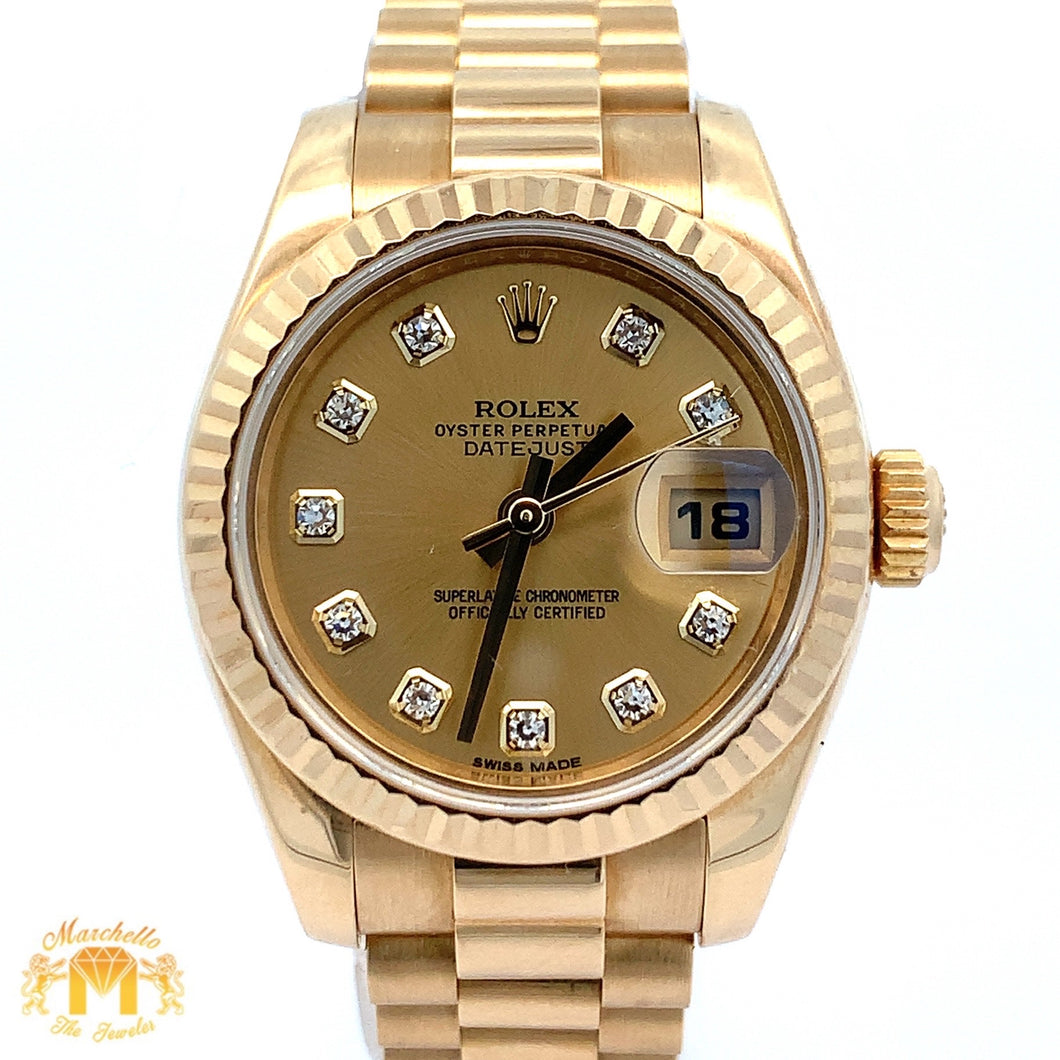 Full factory 26mm 18k gold Ladies` Rolex Presidential Watch with diamond dial (year: 2013, Rolex papers/cards)(Model number: 179178)