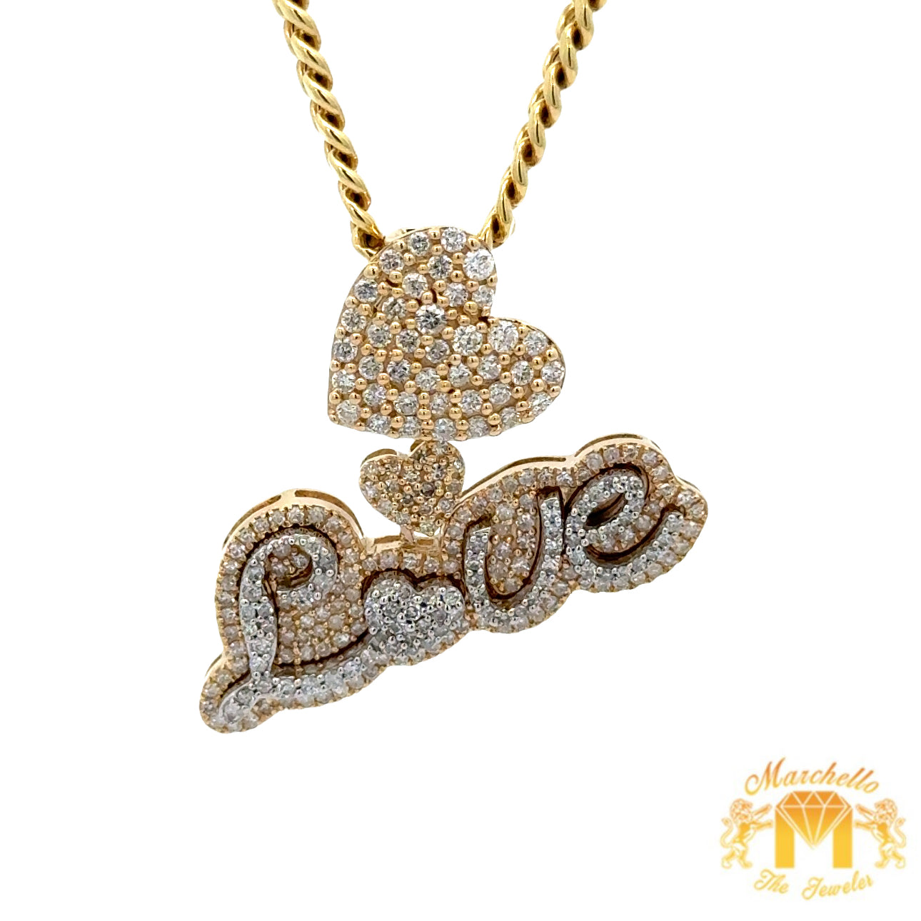 Gold and Diamond LOVE pendant and Gold Cuban Link Chain Set