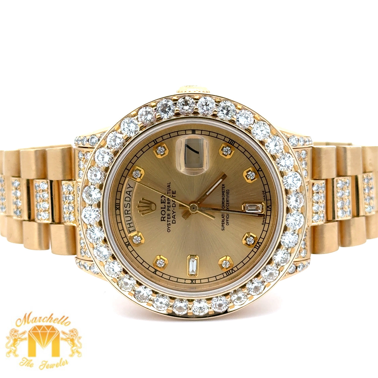 4 piece deal: 36mm 18k Gold Presidential Rolex Diamond Watch (XL Bezel measures 40mm) + 3.40ct diamonds 14k Gold Men`s Ring + 14k Gold and Diamond Earrings + Gift from MTJ