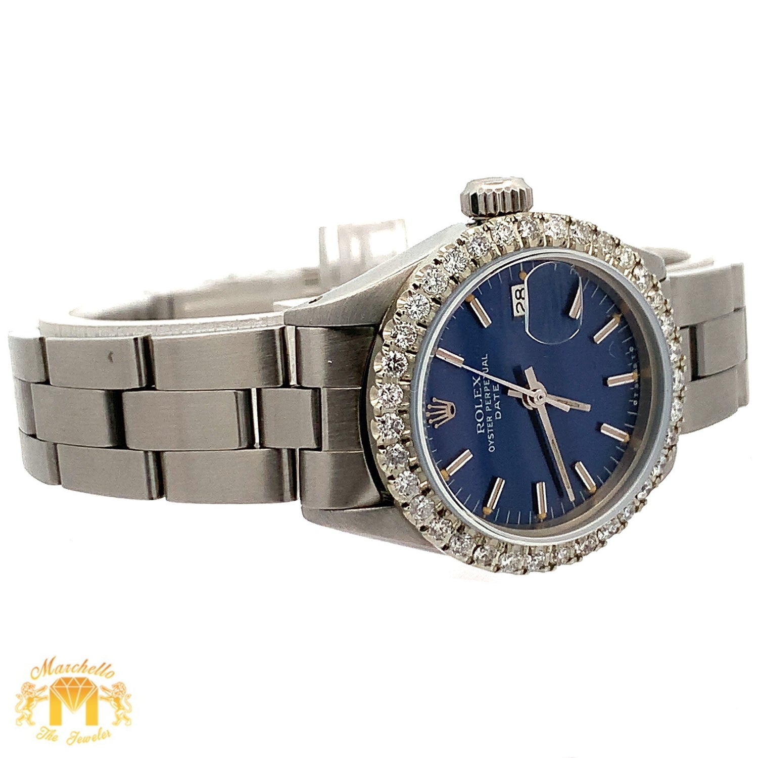 26mm Ladies`Rolex Watch with Stainless Steel Oyster Bracelet (diamond bezel, blue dial)