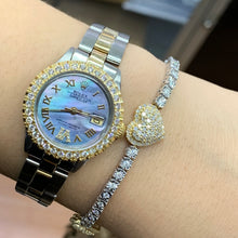 Load image into Gallery viewer, 4 piece deal: 26mm Rolex Watch with Two-Tone Oyster Bracelet + Gold and Diamond 3 Hearts Bracelet + Complimentary Earrings+ Gift from MTJ