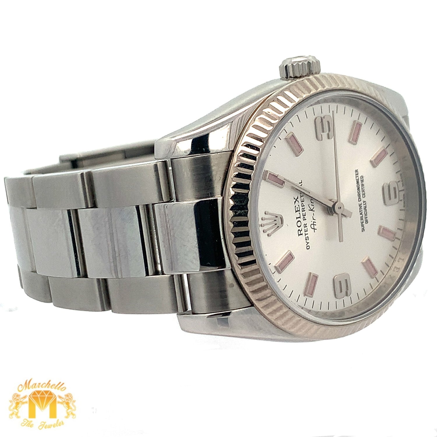 Full factory 34mm Rolex Air-King Watch with Stainless Steel Oyster Bracelet (engraved model, silver dial with pink hour markers)