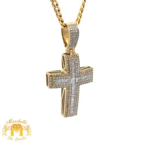 14k Yellow Gold and Diamond Cross Pendant and 14k Yellow Gold Cuban Link Chain Set