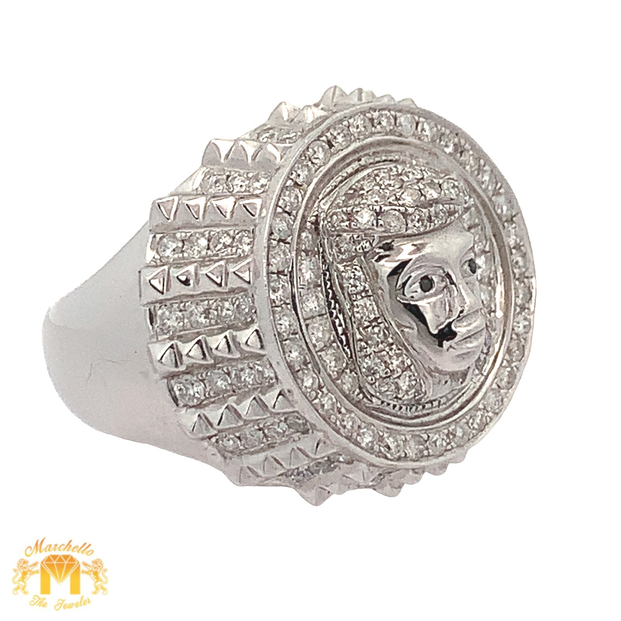14k White Gold and Diamond Jesus Head Ring with Round Diamonds
