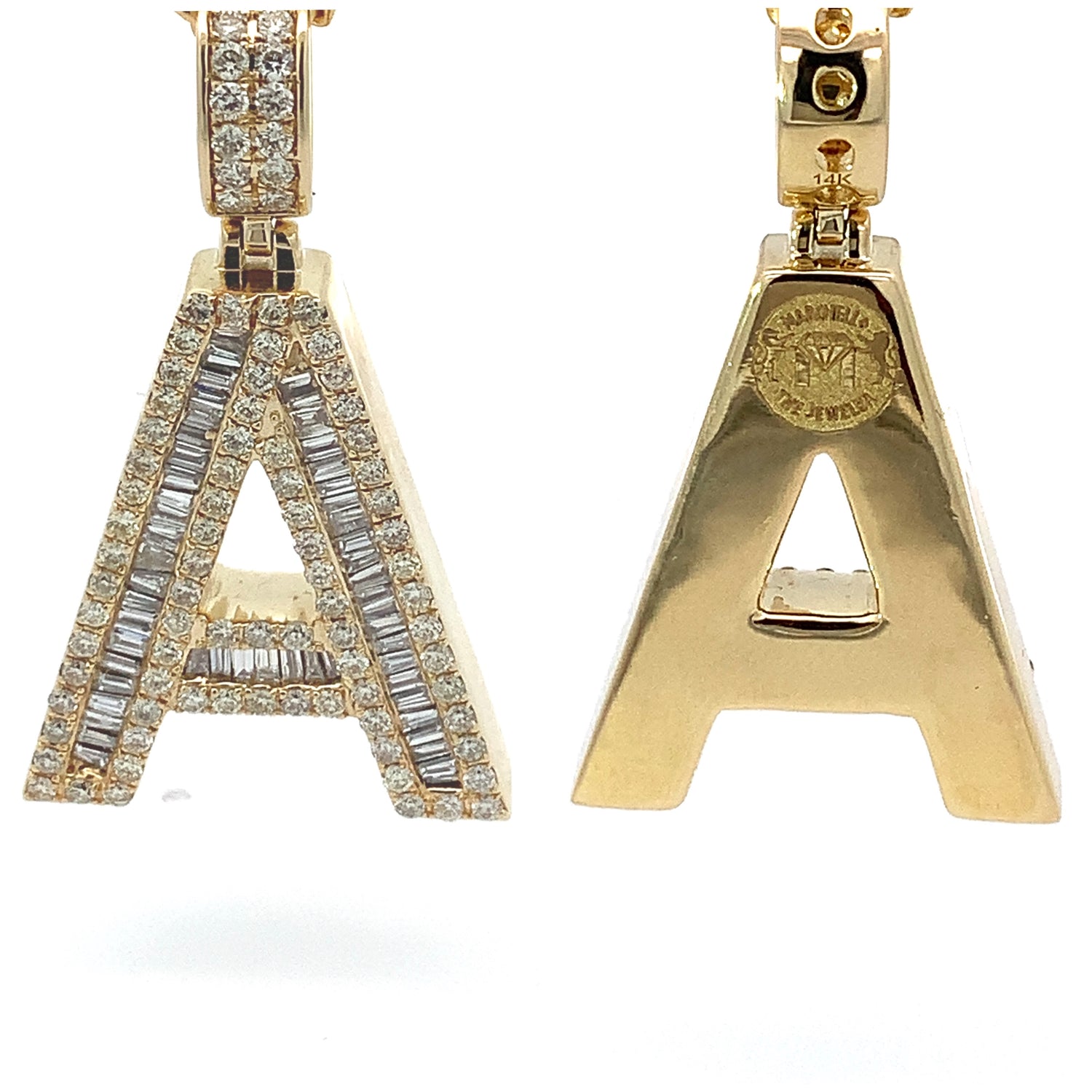 14k Yellow Gold Large Initial Pendant with Baguette and Round Diamonds ( A to Z )