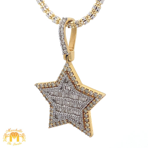 Gold & Diamond Star Pendant with Round and Baguette diamonds and 2mm Ice Link Chain Set