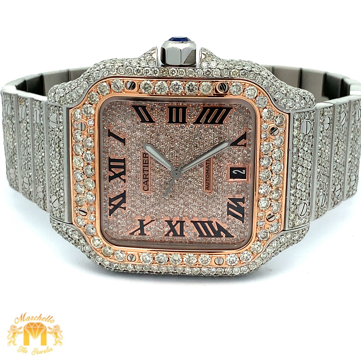 4 piece deal: 40mm Iced out Cartier Watch + Two-tone Gold Twin Squares Cuff Diamond Bracelet + Flower Diamond Earrings Set + Gift from Marchello the Jeweler