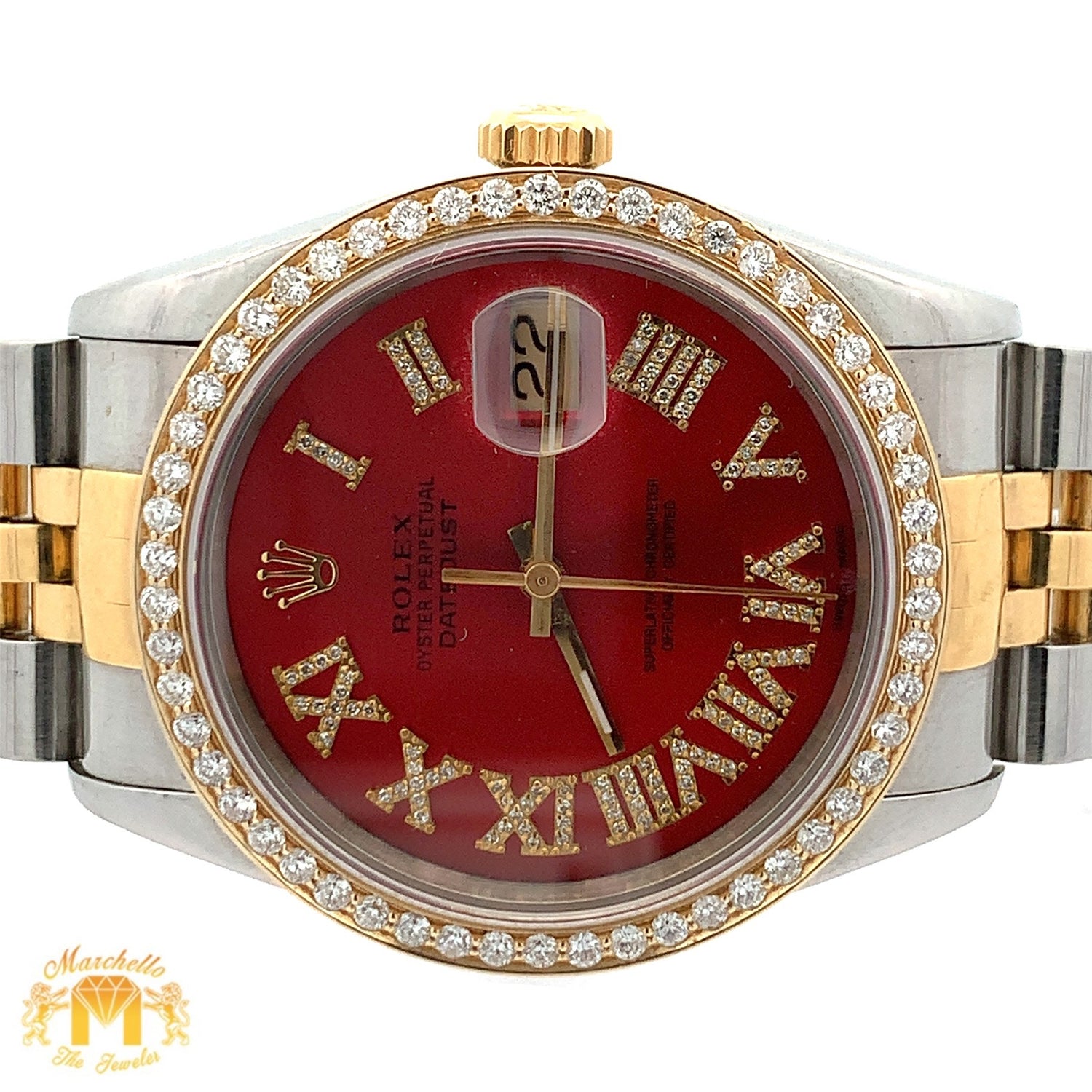 36mm Rolex Datejust Watch with Two-Tone Jubilee Bracelet (red dial with diamond Roman numerals)