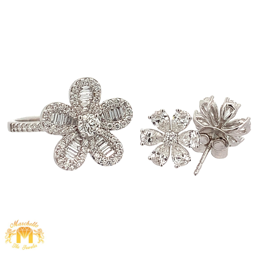 6 piece deal: VVS/vs diamonds set in a 18k White Gold Flower Ring and 14k Gold Earrings with Pear and Round Diamonds Set + 2 pair of Complimentary Gold and Diamond Earrings + 2 Good Luck Gifts