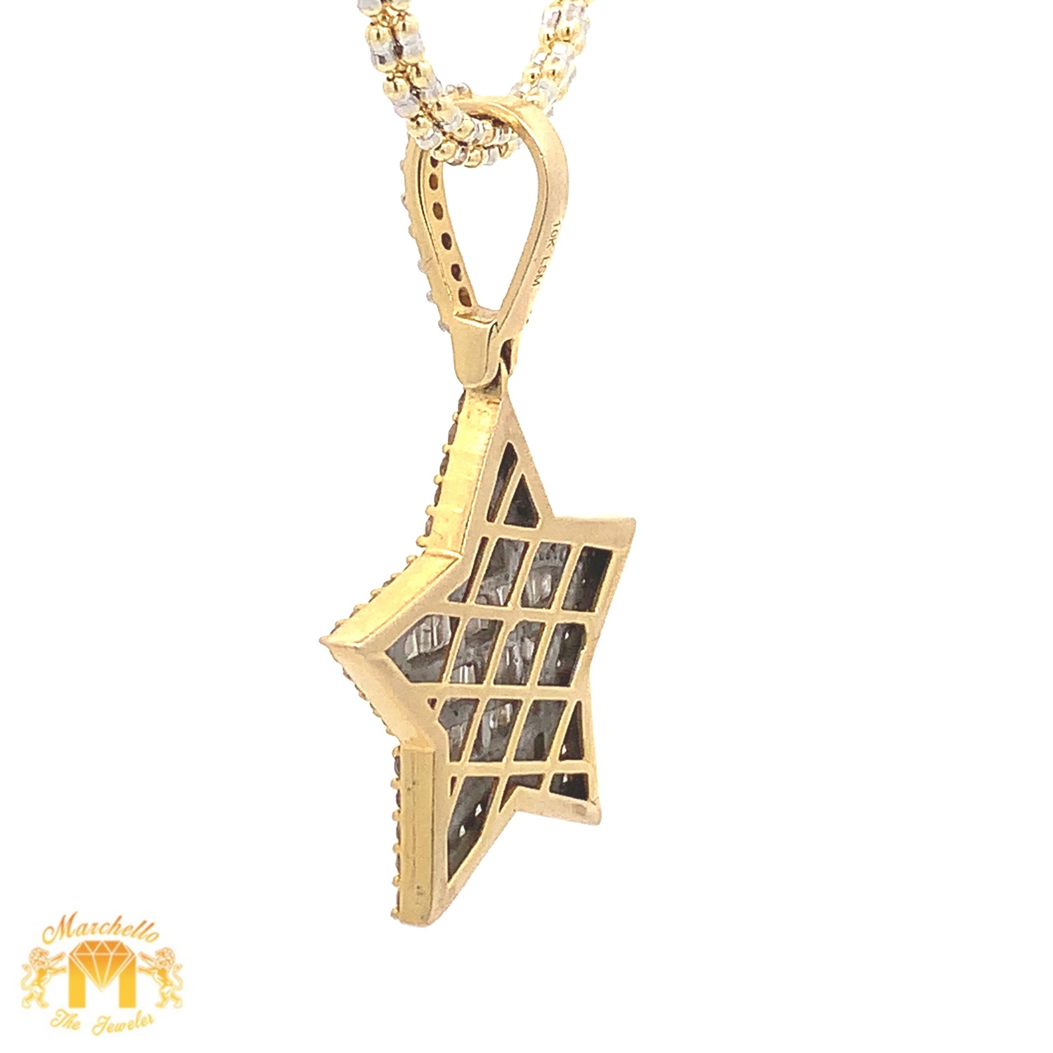 Gold & Diamond Star Pendant with Round and Baguette diamonds and 2mm Ice Link Chain Set
