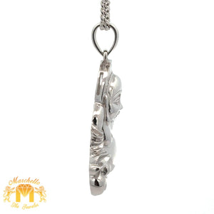 18k White Gold and Diamond Buddha Pendant and 14k White Gold Cuban Link Chain