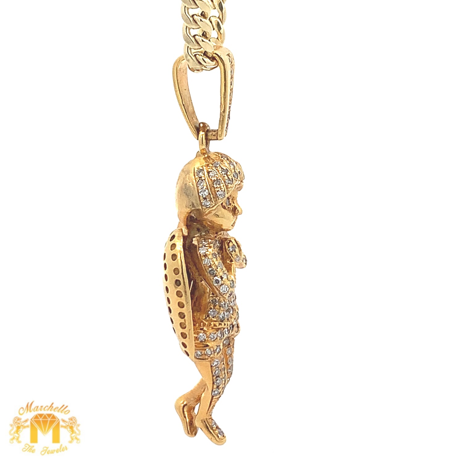 Yellow Gold and Diamond Angel Pendant with Round Diamonds and Yellow Gold Cuban Link Chain Set