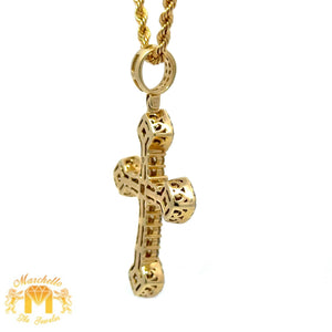 14k Yellow Gold and Diamond Cross Pendant with Round Diamonds and 14k Yellow Gold Rope Chain Set