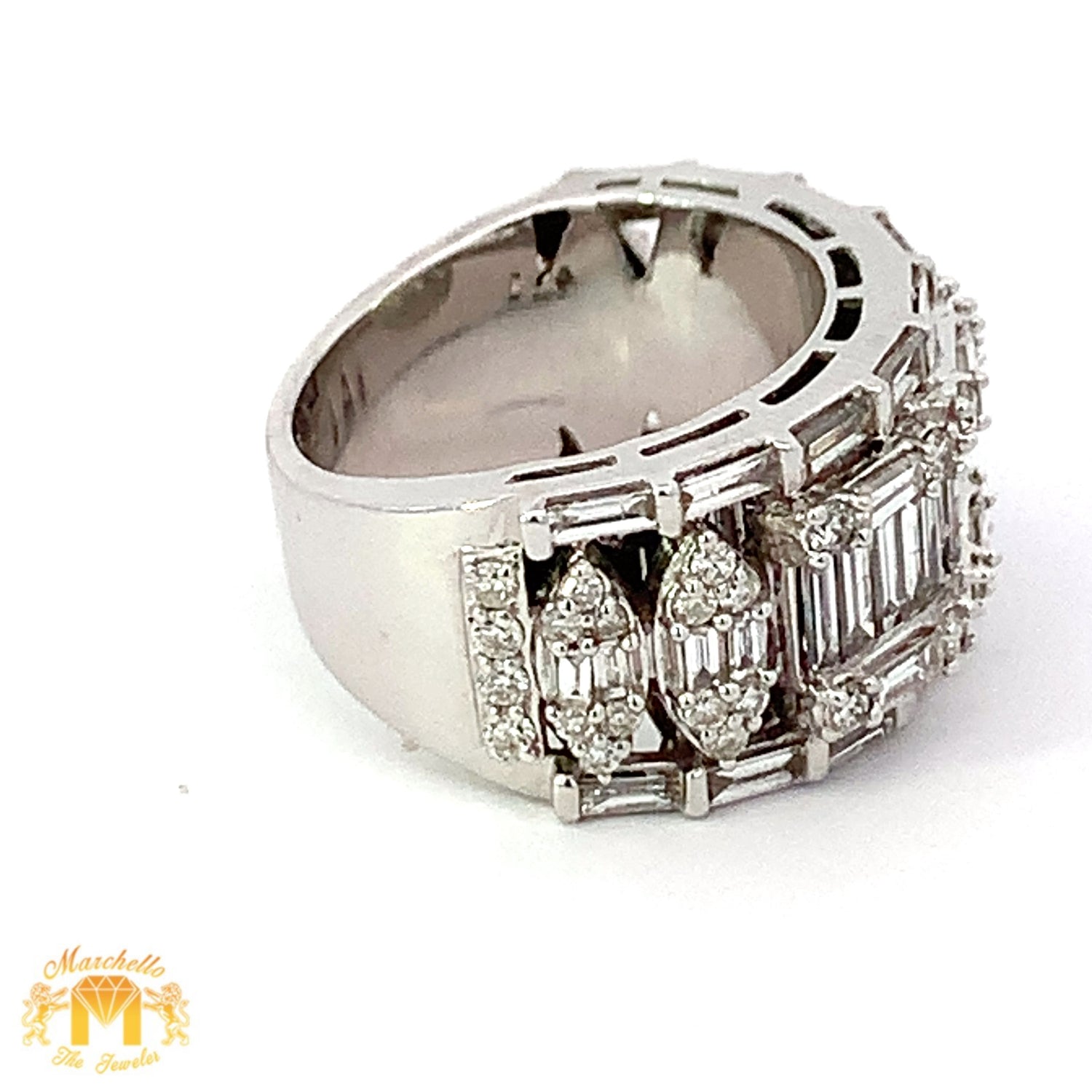 14k White Gold Wedding Band Diamond Ring with Baguette and Round Diamonds