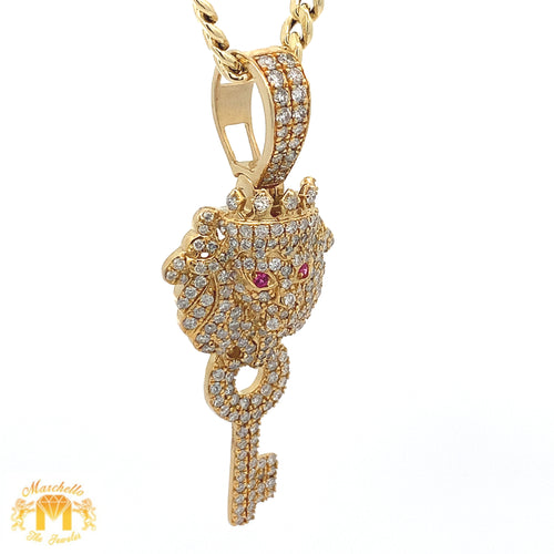 14k Yellow Gold and Diamond Key & Lion Pendant with Round Diamonds and 14k Yellow Gold Cuban Link Chain Set