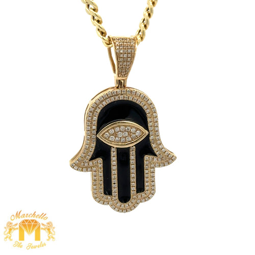 14k Yellow Gold and Diamond Hamsa Pendant and Yellow Gold Cuban Link Chain (choose your color)