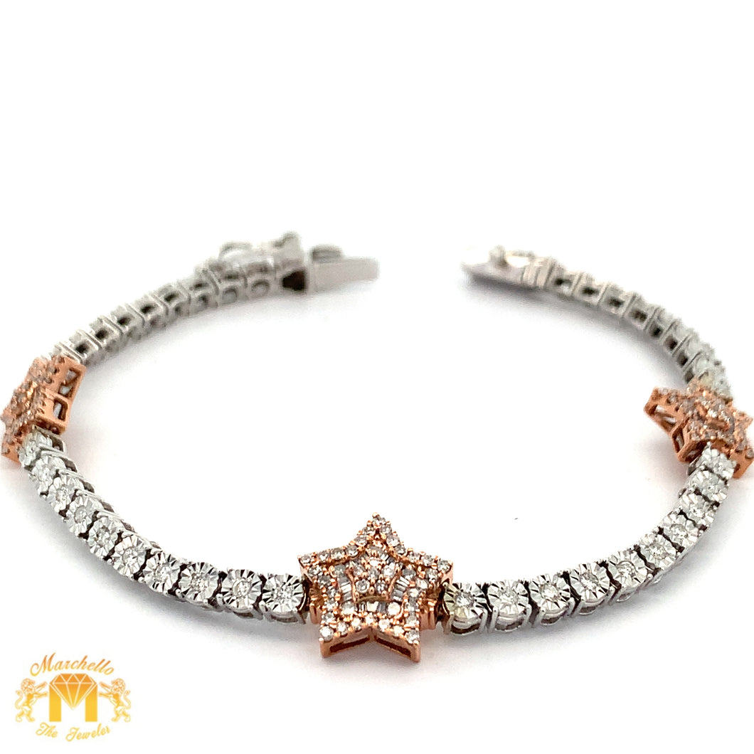 Gold and Diamond Three Stars Tennis Bracelet with Round and Baguette diamonds