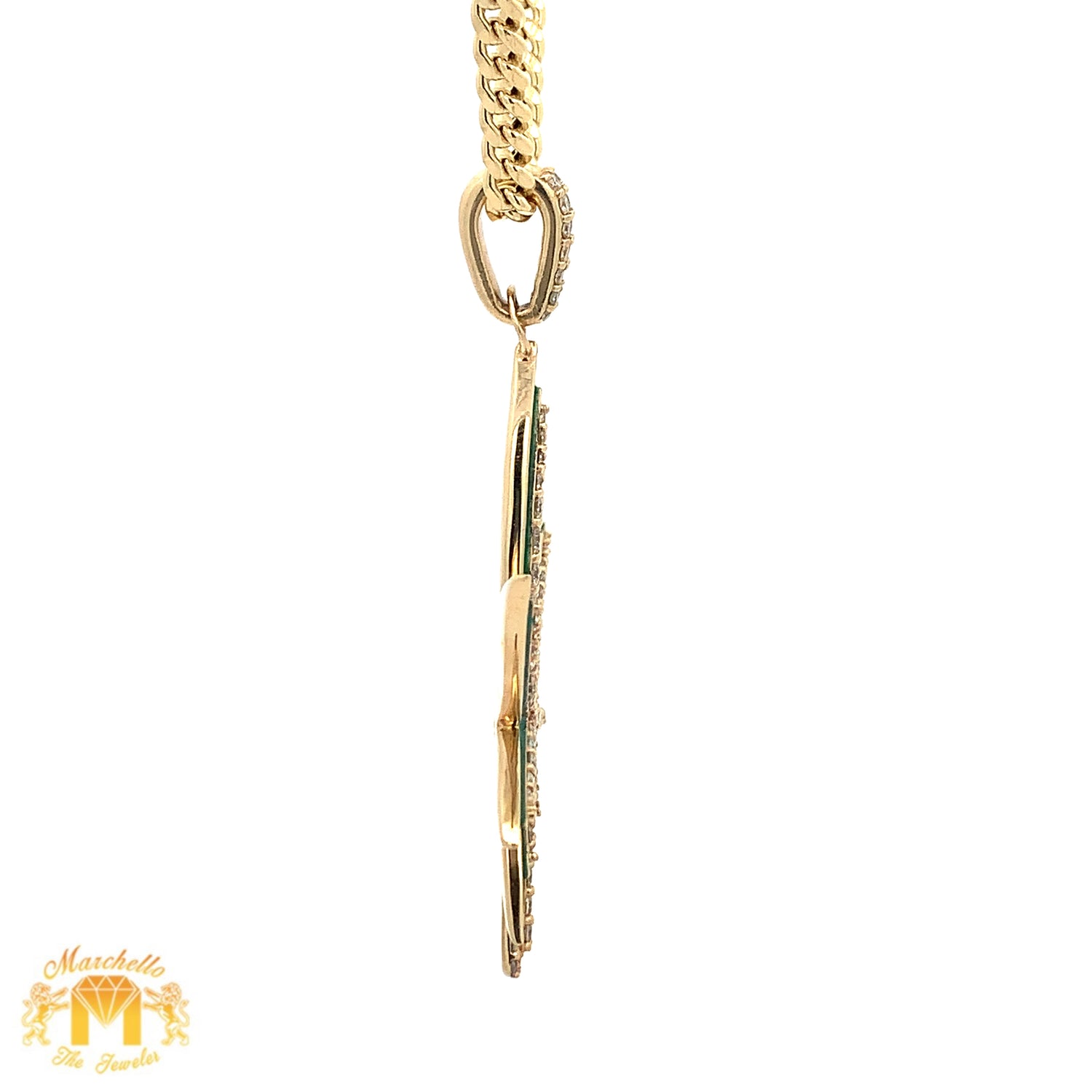 14k Yellow Gold and Diamond Leave Pendant with Round Diamonds and 14k Yellow Gold Cuban Link Chain Set