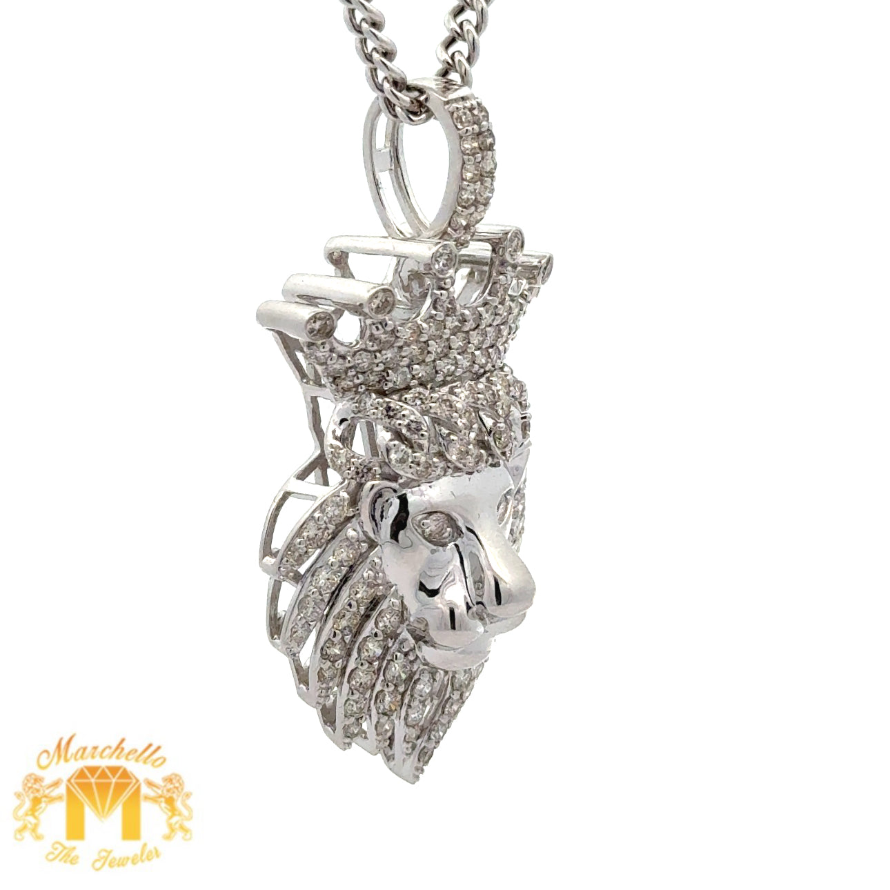 White Gold and Diamond King Lion with Round Diamond and White Gold Cuban Link Chain