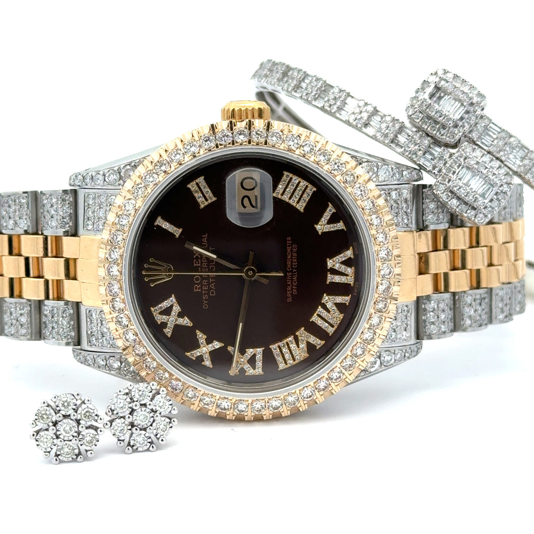 Model: 16030 36mm Rolex Datejust Two-Tone Jubilee Band + White Gold & Diamond Square Shape Bangle + Diamond and Gold Earrings Set+ Gift from Marchello the Jeweler (choose your color)