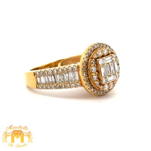 14k Yellow Gold and Diamond Round Shaped Ring with Baguette and Round Diamonds