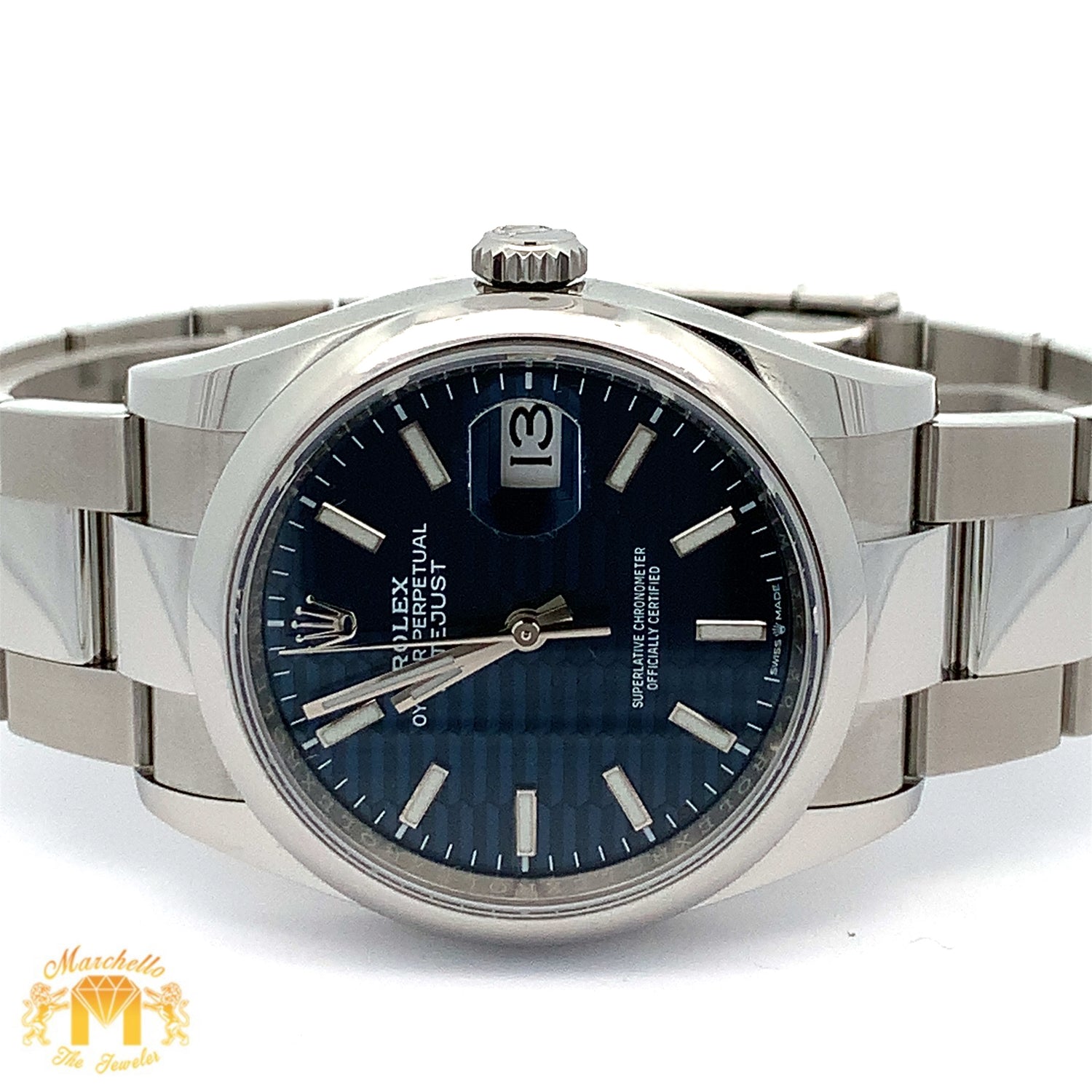 36mm Rolex Watch with Stainless Steel Oyster Bracelet (smooth bezel, blue dial)