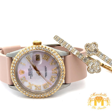 4 piece deal: 36mm Rolex Diamond Watch + Yellow Gold and Diamond Twin Flower Bracelet + Free pair of earrings + Gift from MTJ