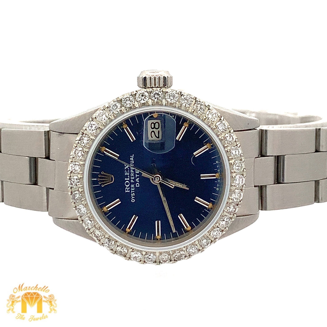 26mm Ladies`Rolex Watch with Stainless Steel Oyster Bracelet (diamond bezel, blue dial)