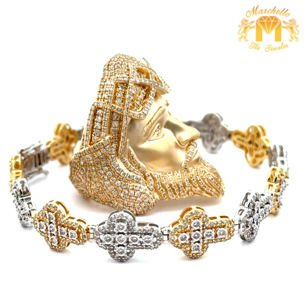 6ct diamonds 14k Yellow Gold Jesus Head Ring and Two-Tone Gold: Yellow & White Gold and Diamond Cross Bracelet Set