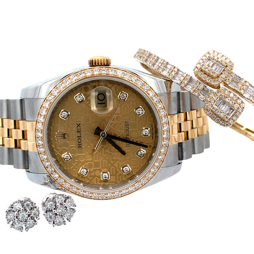 Model: 116243 Full factory 36mm Rolex Watch with Two-Tone Jubilee Bracelet + Yellow Gold & Diamond Twin Square Bangle + Diamond and Gold Flower Earrings Set+ Gift from Marchello the Jeweler