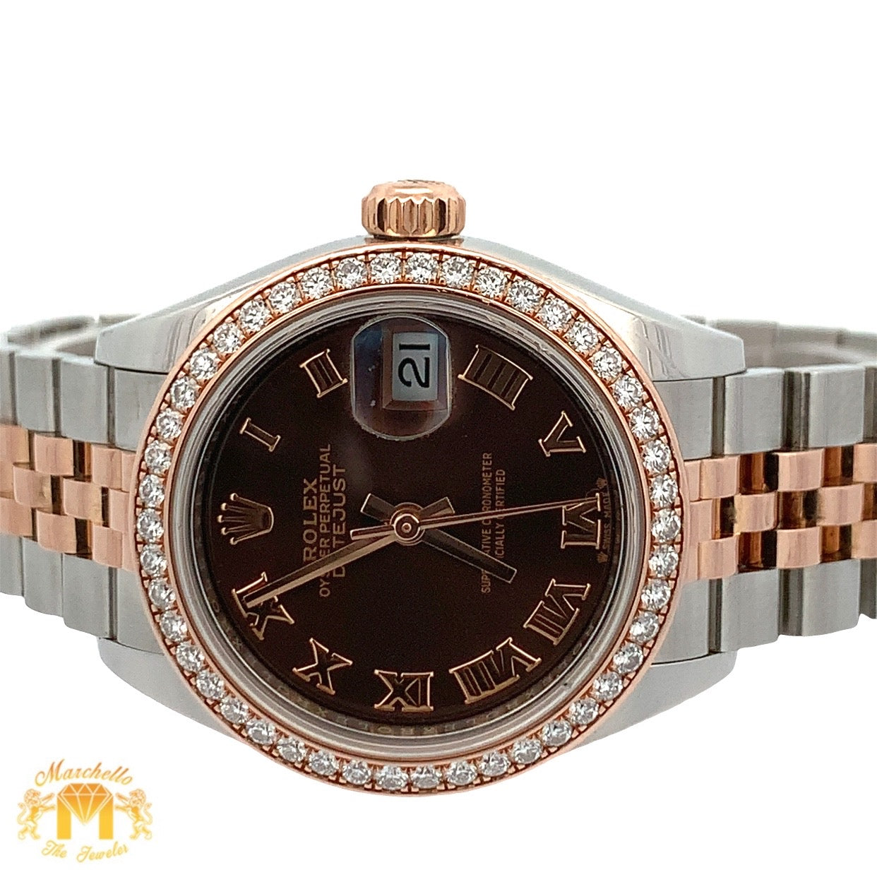 4 piece deal: Full factory 28mm Rolex Diamond Watch with Two-Tone Jubilee Band + Two-Tone: Rose & White Gold Twin Heart Bracelet + Gift Gold & Diamond Earrings + Gift