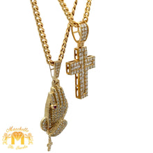 Load image into Gallery viewer, 8 piece deal: 14k Yellow Gold and Diamond Praying Hand Pendant + Cross Pendant + 14k Cuban 2 Chains + Gold and Diamond Earrings + 2 gifts from MTJ