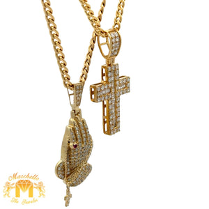 8 piece deal: 14k Yellow Gold and Diamond Praying Hand Pendant + Cross Pendant + 14k Cuban 2 Chains + Gold and Diamond Earrings + 2 gifts from MTJ