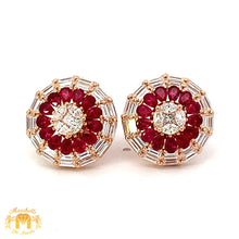 Load image into Gallery viewer, VVS/vs high clarity diamonds set in a 18k Gold Pear Cut Ruby Stone Circle Earrings with Baguette and Round Diamonds