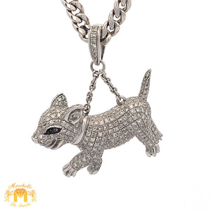 14k White Gold and Diamond Dog Pendant with Round Diamonds and 14k White Gold Cuban Link Chain Set