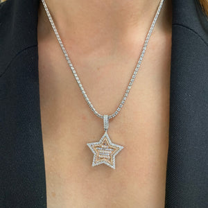 14k Gold and Diamond Star Pendant with Round and Baguette diamonds and 2mm Ice Link Chain Set (choose your color)
