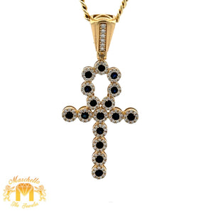 14k Yellow Gold and Diamond Ankh Pendant with Sapphire & Round Diamonds and Yellow Gold Cuban Link Chain