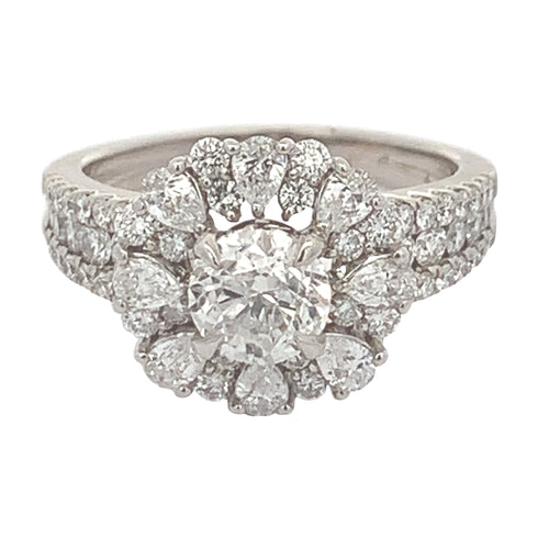 2.85ct diamonds 18k White Gold Flower Shaped Engagement Ring with Pear and Round Diamonds (LIMITED EDITION)