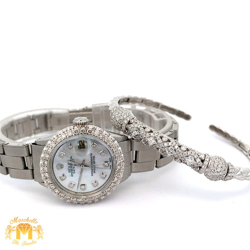 4 piece deal: Ladies`26mm Rolex Diamond Watch with Stainless Steel Oyster Band + LIMITED EDITION 18k White Gold and Diamond Bangle + Gift Diamond Earrings + Gift