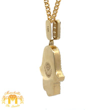 Load image into Gallery viewer, 14k Gold and Diamond Hamsa Pendant with Round and Baguette Diamonds and 14k Gold Cuban Link Chain Set (choose your color)