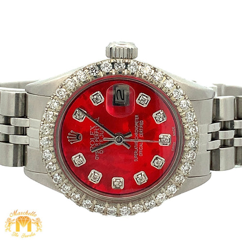 26mm Ladies` Rolex Datejust Watch with Stainless Steel Jubilee Bracelet (red mother of pearl (MOP)dial with diamonds)