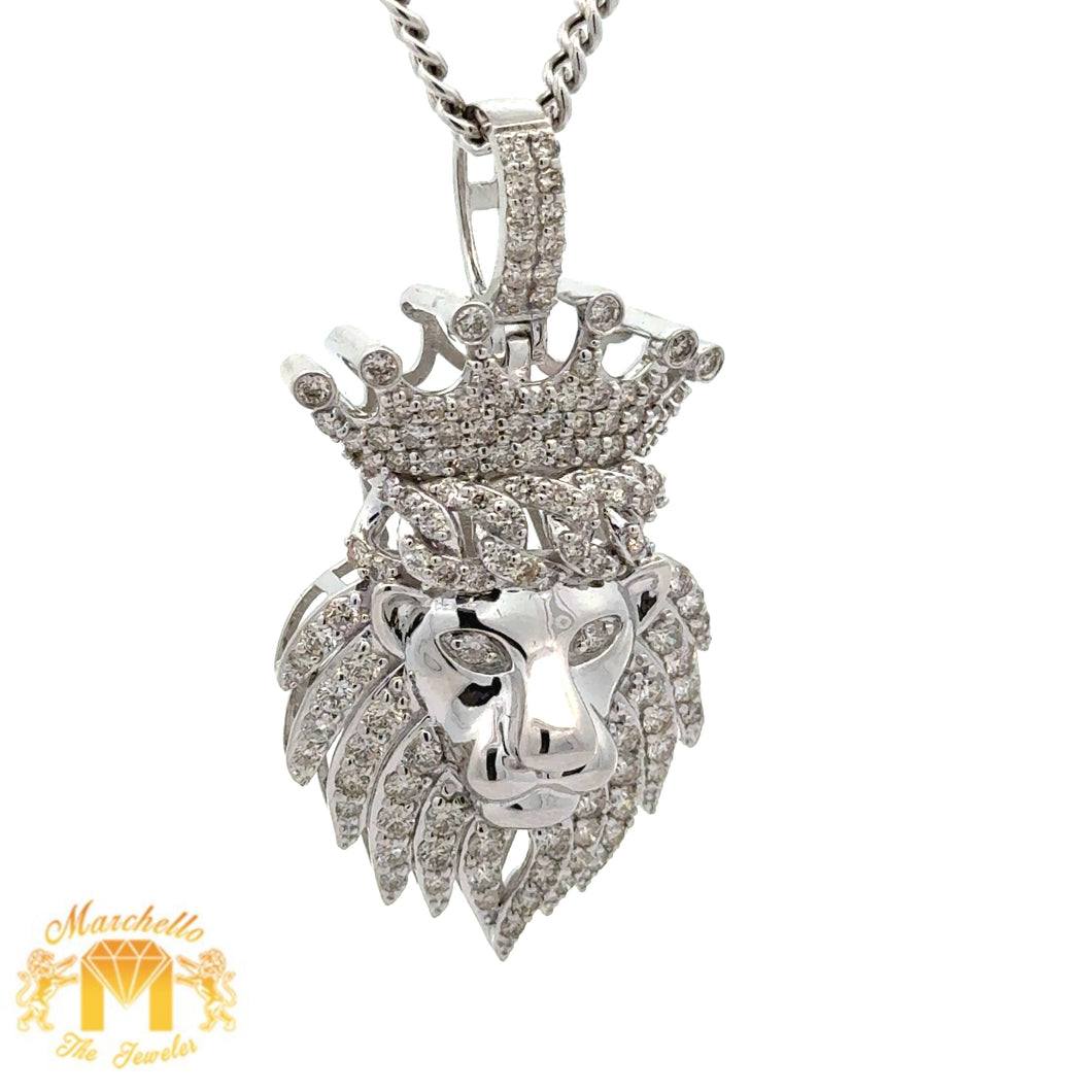 White Gold and Diamond King Lion with Round Diamond and White Gold Cuban Link Chain