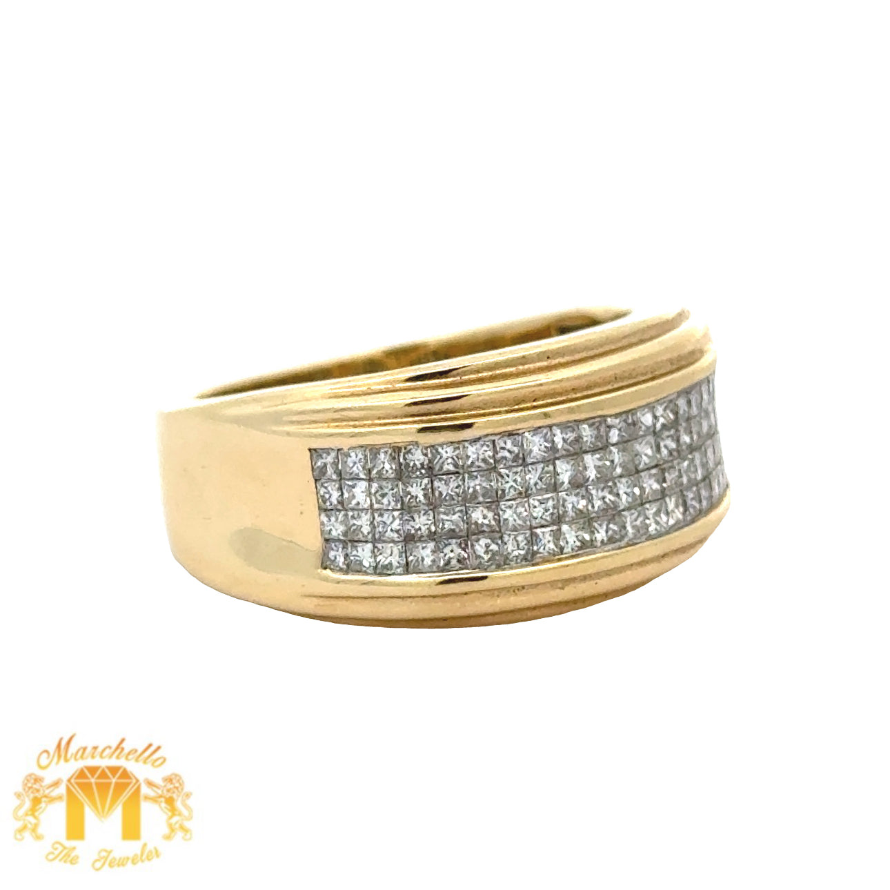 14k Yellow Gold and Diamond Wedding Band with Princess Cut Diamonds