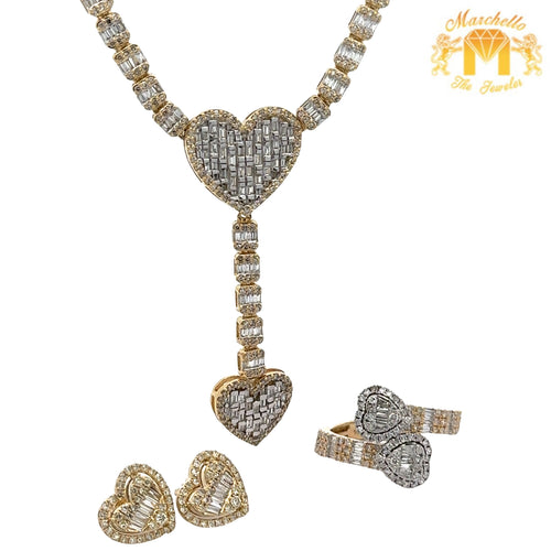 4 piece deal: Gold and Diamond Heart Shape Necklace + Ring + 14k gold and diamond Heart Earrings Set ( choose your color )
