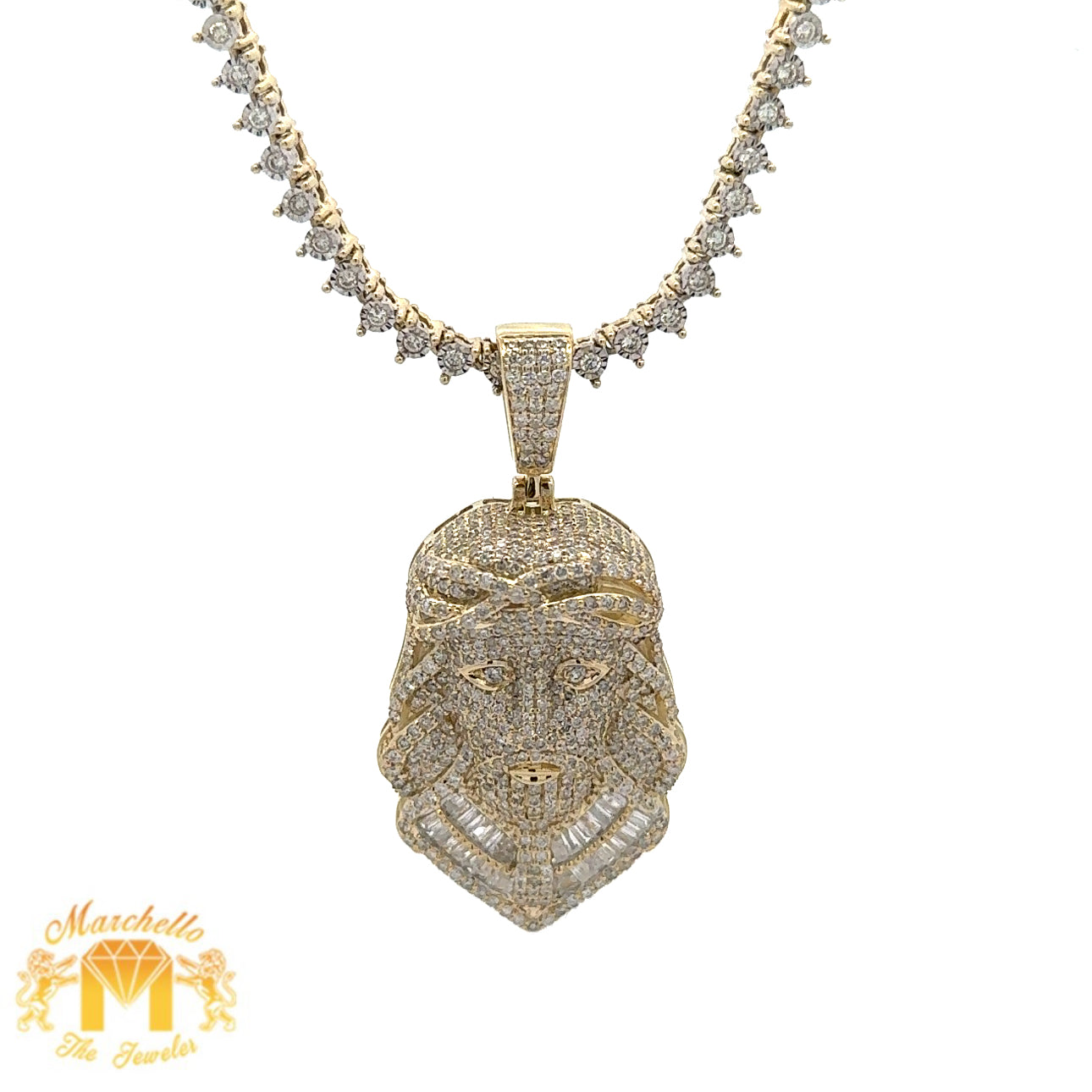 3D Gold and Diamond Jesus Head Pendant and Gold and Diamond Tennis Chain (choose your color)