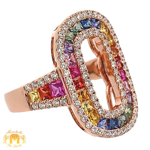 18k Solid Rose Gold and VS clarity & EF color diamonds Ring with Multicolored Sapphires