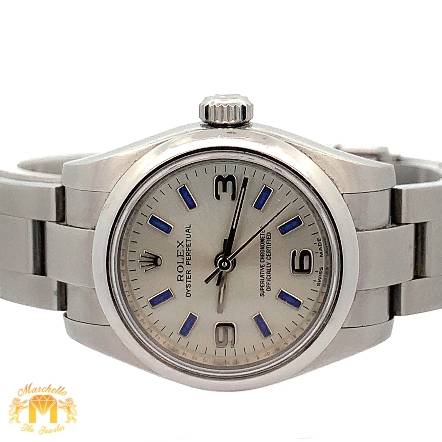 26mm Ladies`Rolex Watch with Stainless Steel Oyster Bracelet(silver dial with blue hour markers)